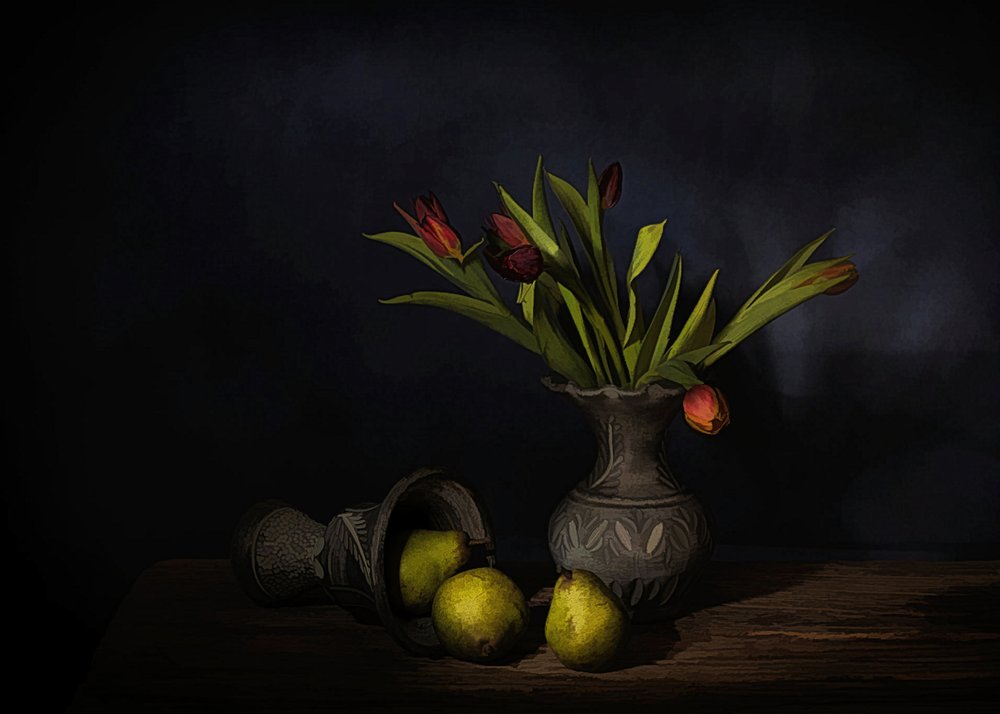 Stilleben med pærer og tulipaner af Saskia Dingemans