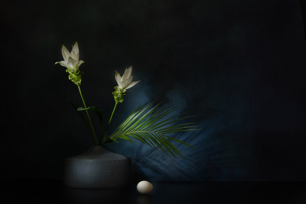 Hvide blomster – mørkt stilleben af Saskia Dingemans