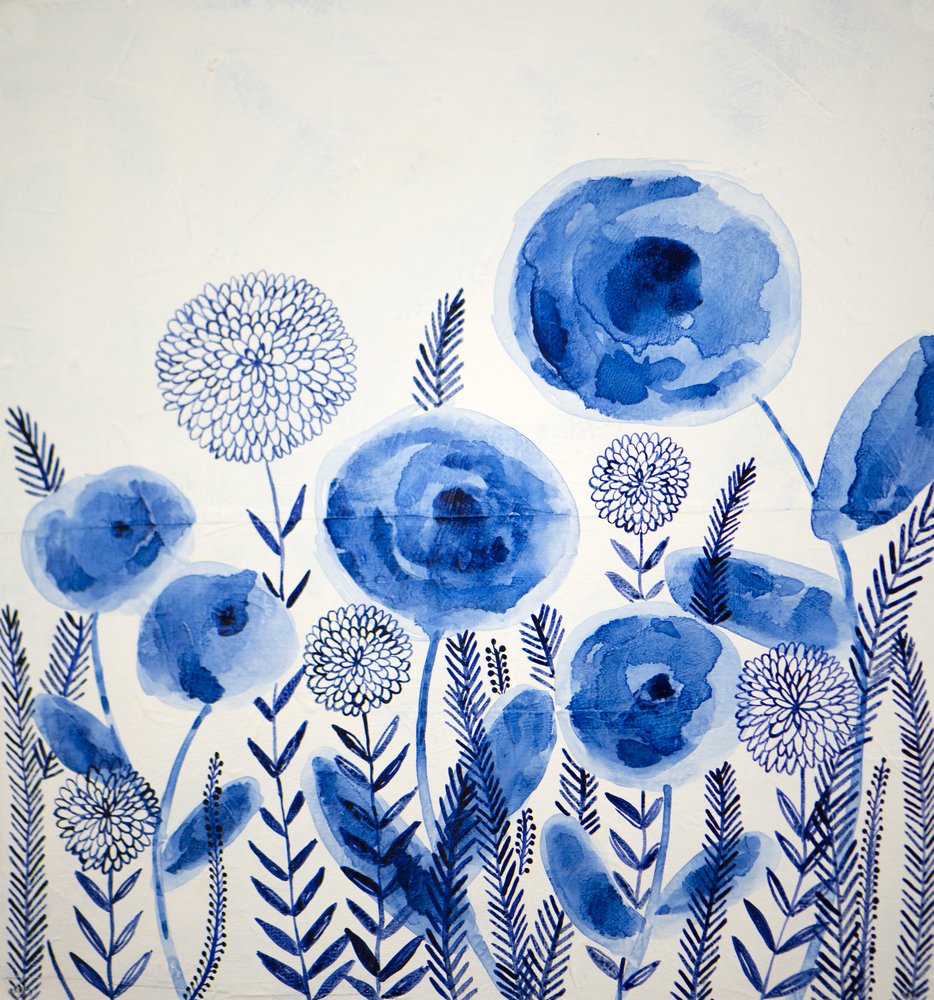 Indigofarvede akvarelblomster af Shelley Hampe