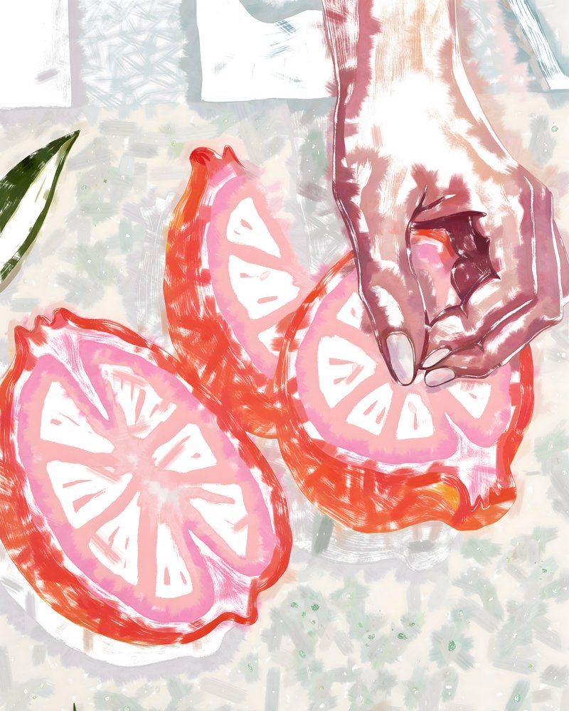 Hånd og lyserød citrus af Uma Gokhale