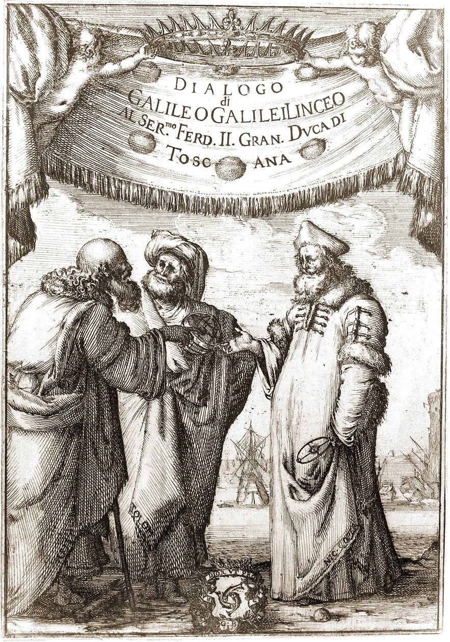 Aristoteles, Ptolemæus og Nicolas Copernicus (Nicolaus Copernicus, 1473-1543) (astronomer) i samtale - i "Dialog om de to største systemer i verden" "de Galileo, Galilei linceo, al Ser. Mo F af Unknown