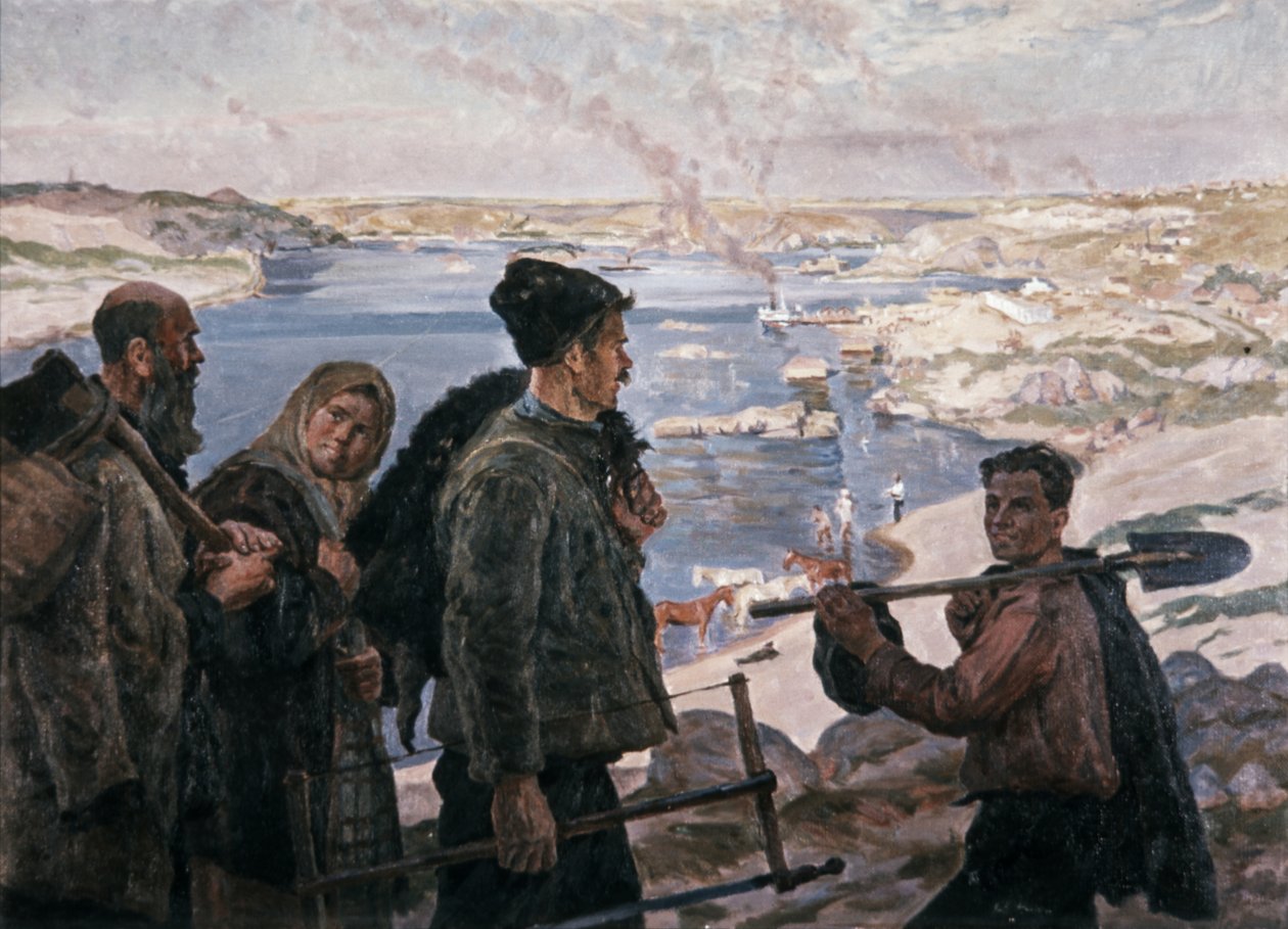 Builders of the Dnepr Hydro 1937 Maleri af K, Trokhimenko, socialistisk realisme. af Unknown