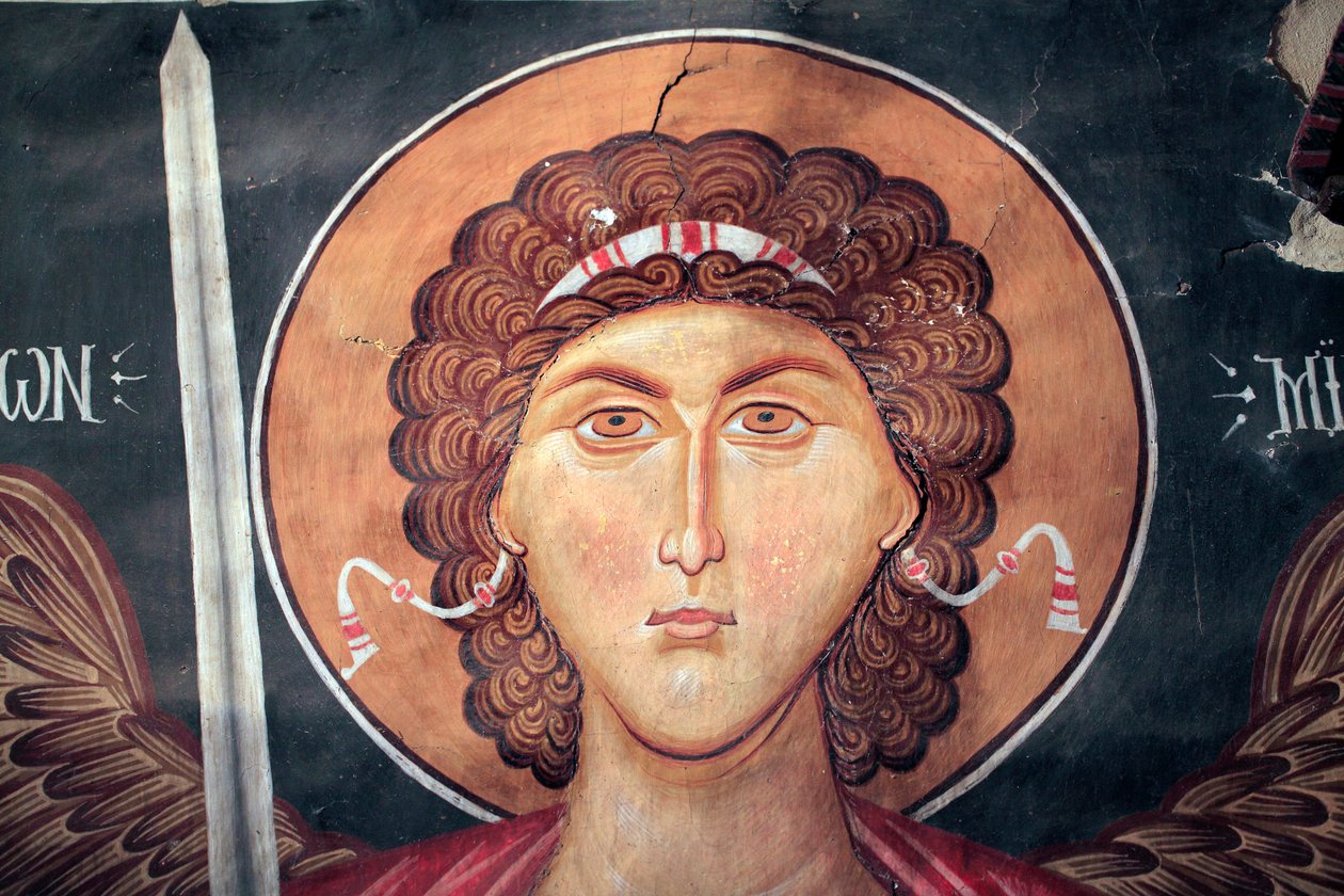 Byzantinsk fresko fra det 15. århundrede (detalje) Michael Ærkeengel Vægmaleri Michael Ærkeengel Kirke i Pedoulas Cypern Malede kirker UNESCO-sted Troodos, Cypern af Unknown