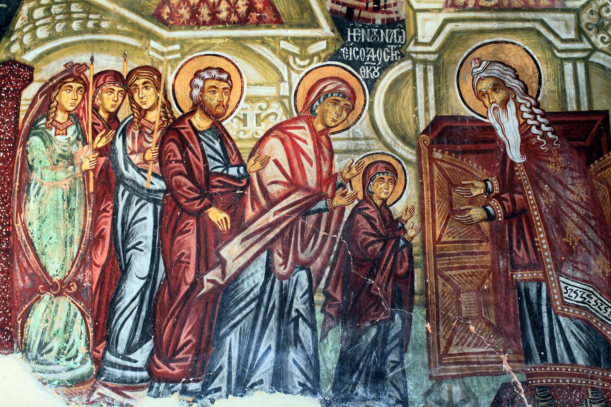Byzantinsk freskomaleri fra det 15. århundrede (detalje) Præsentation af Marie ved templet Vægmaleri Michael Ærkeengelkirken i Pedoulas Cypern Malede kirker UNESCO-sted Troodos, Cypern af Unknown