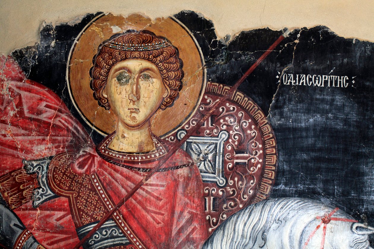 Byzantinsk fresco fra det 15. århundrede (detalje) Saint George Wall-maleri Michael Archangel Church i Pedoulas Cypern Malede kirker UNESCO-sted Troodos, Cypern af Unknown