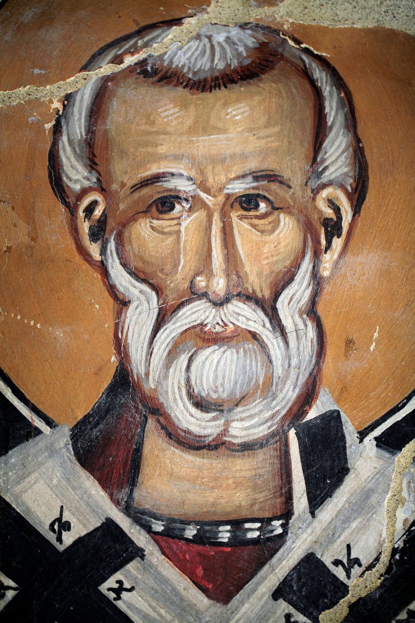 Byzantinsk freskomaleri fra det 15. århundrede (detalje) Saint Nicholas Vægmaleri Michael Ærkeengel Kapel, Galata landsby Cypern Malede kirker UNESCO-sted Troodos, Cypern af Unknown