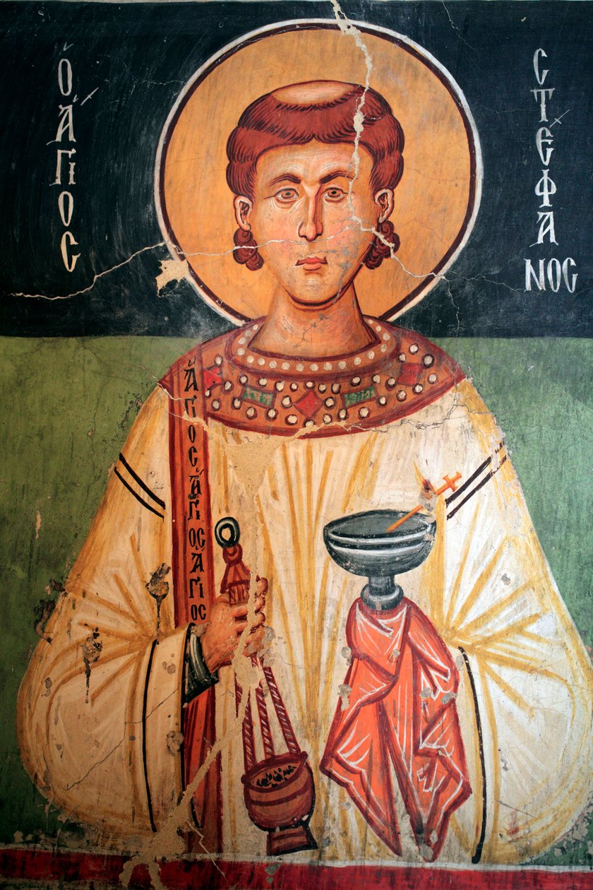 Byzantinsk freskomaleri fra det 15. århundrede (detalje) Saint Stephen Wall-maleri Michael Archangel Church i Pedoulas Cypern Malede kirker UNESCO-sted Troodos, Cypern af Unknown