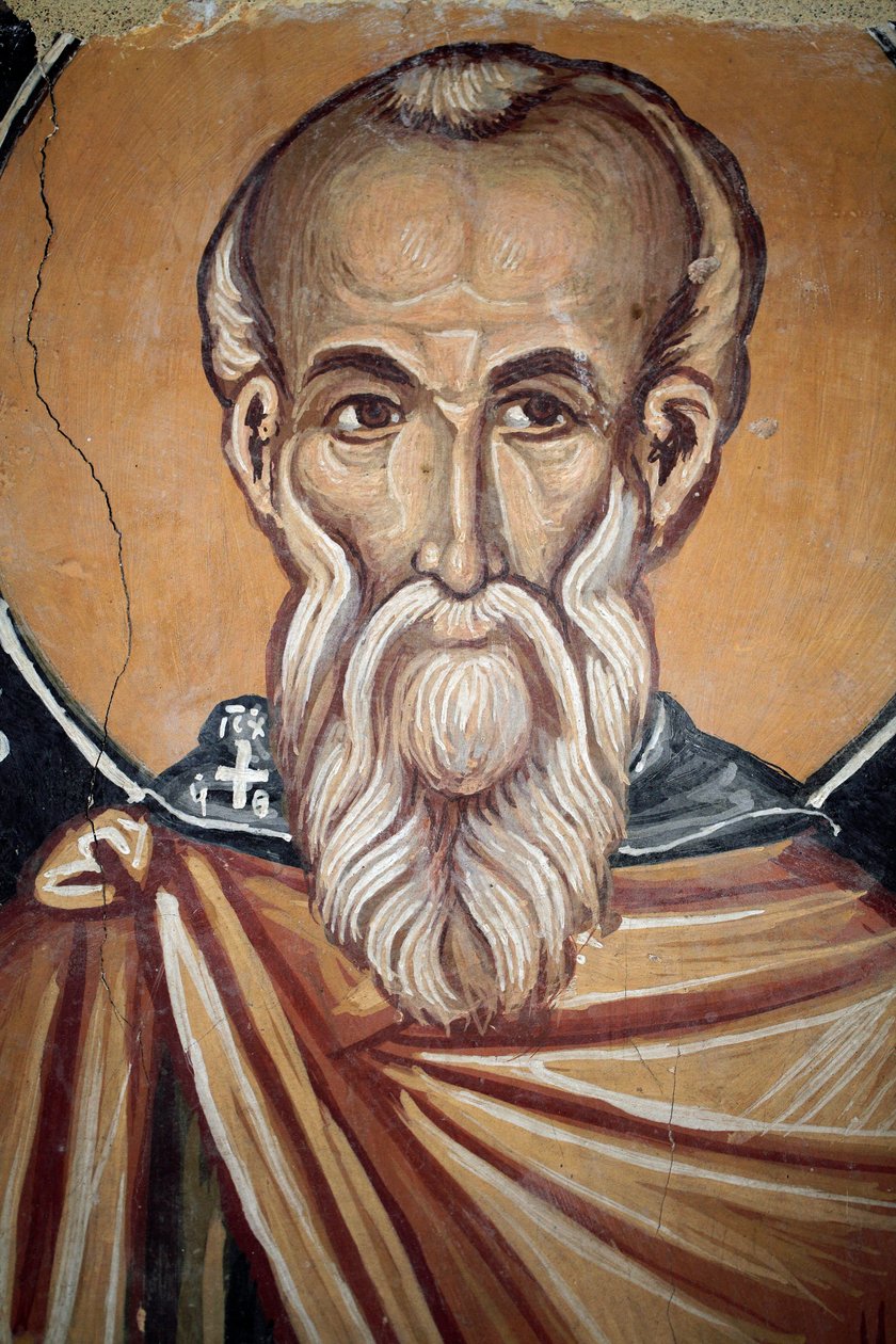 Byzantinsk fresco fra det 15. århundrede (detalje) St. Theodose den cenobrianske Vægmaleri Michael Ærkeengel Kapel, Galata landsby Cypern Malede kirker UNESCO-sted Troodos, Cypern af Unknown