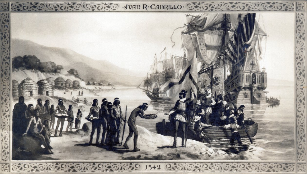 Californien: 1542 Et maleri, der forestiller Juan Rodriguez Cabrillo, der møder indfødte på Californiens kyst under hans ekspedition. af Unknown