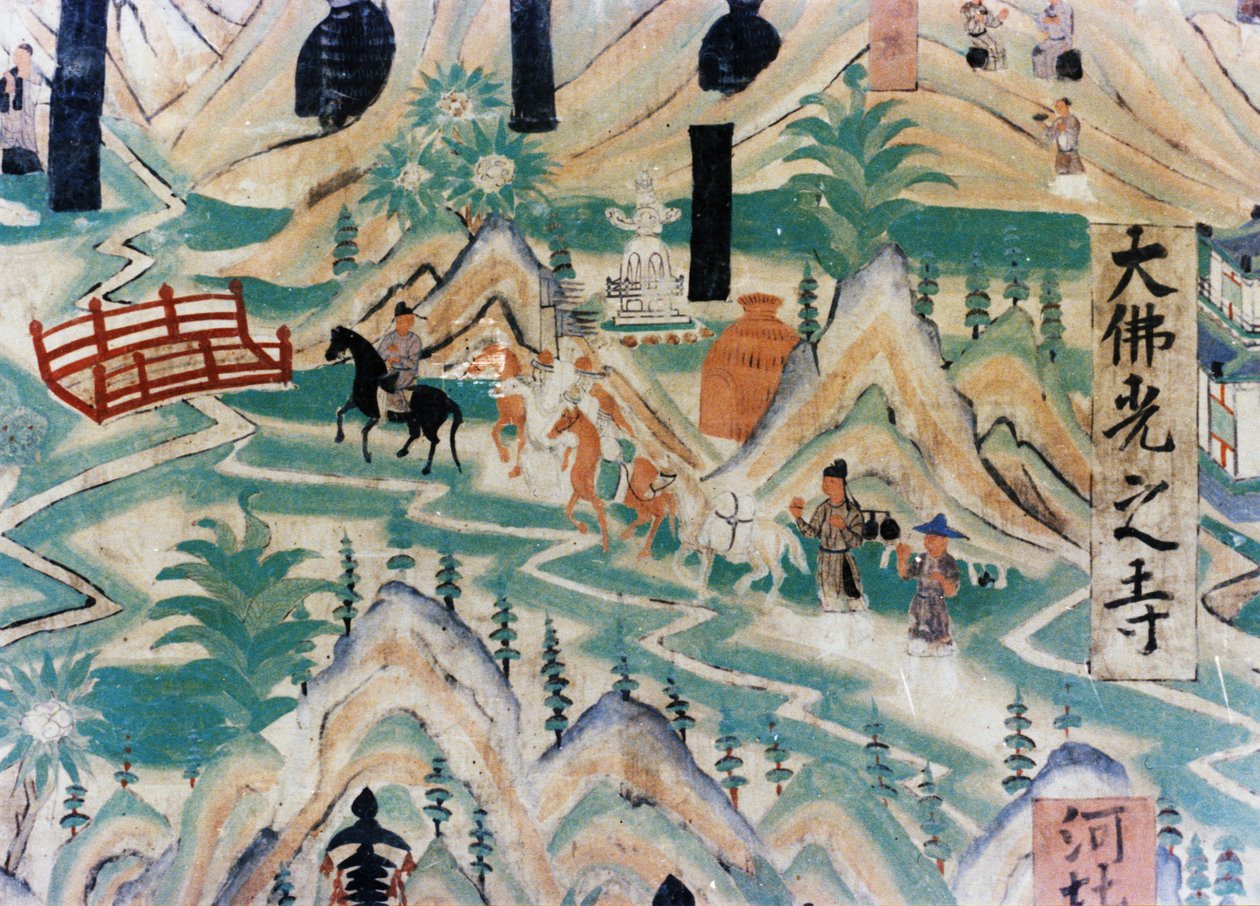 Detalje af kortet over Wutai-bjerget (Wutaishan), et vægmaleri udført under de fem dynastier (907 - 960) i Dunhuang-grotterne, der viser pilgrimme, der rejser langs en vej af Unknown