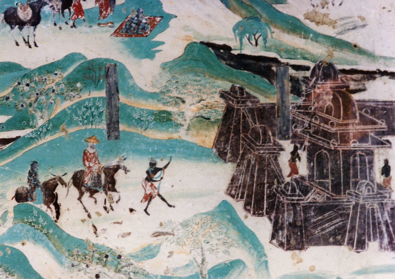 Detalje af kortet over Wutai-bjerget (Wutaishan), et vægmaleri udført under de fem dynastier (907 - 960) i Dunhuang-grotterne, der afbilder typisk arkitektonisk stil i de vestlige regioner af Unknown