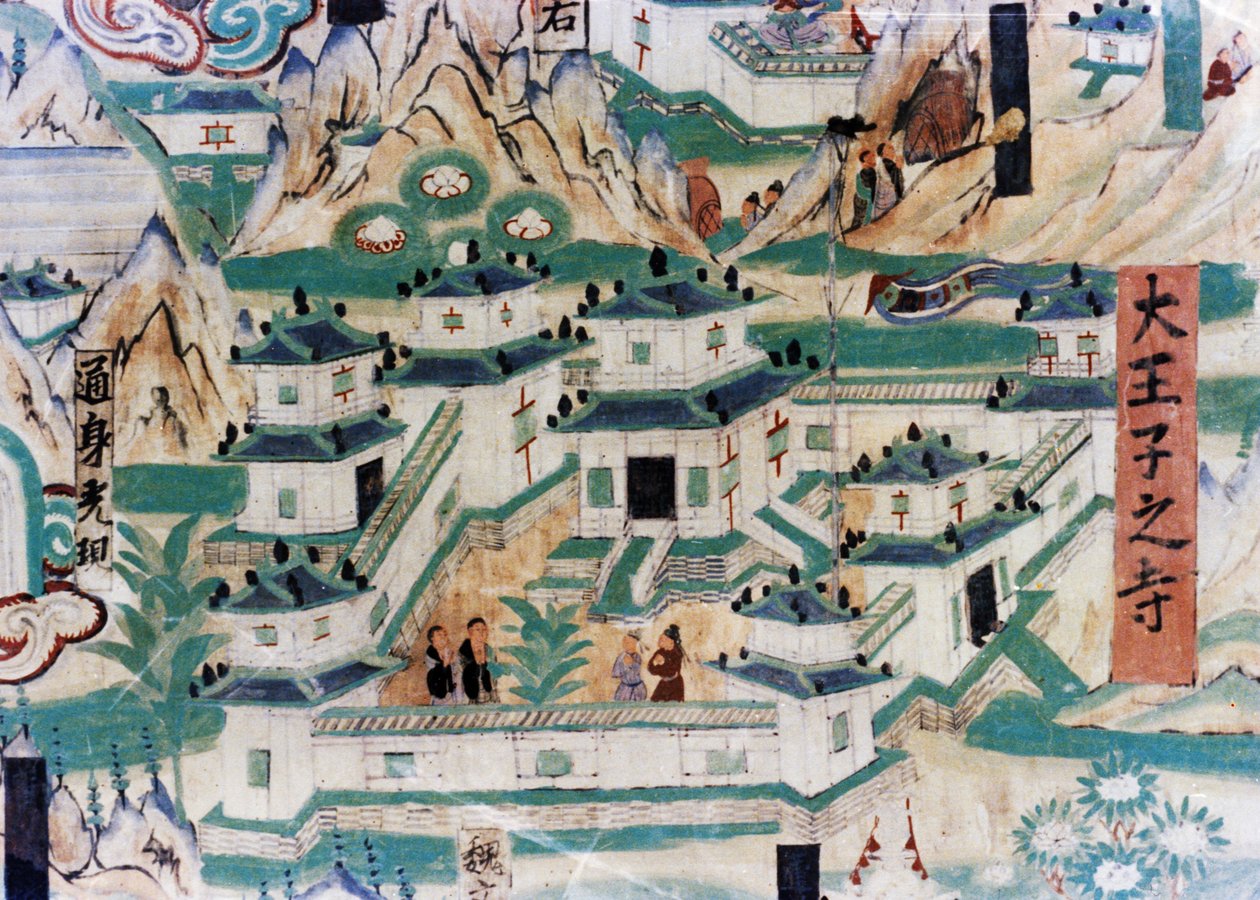 Detalje af kortet over Wutai-bjerget (Wutaishan), et vægmaleri udført under de fem dynastier (907 - 960) i Dunhuang-grotterne, der viser et kloster af Unknown