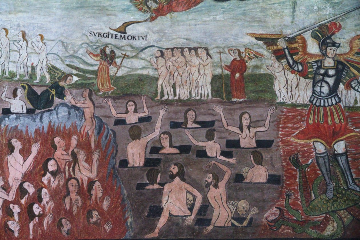 Den endelige dom illustreret af det 17. århundredes barok-Mestizo fresker i kirkens skib i Santiago De Curahuara De Carangas kirke, Andes Sixtinske Kapel, Curahuara De Carangas, Oruro, Bolivia (pho af Unknown
