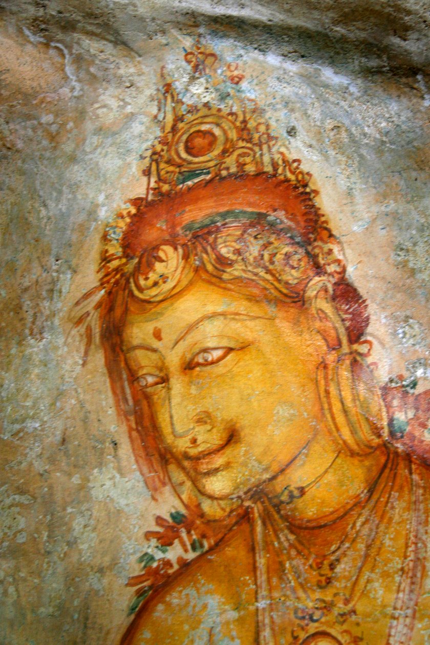Fresco på væggen af Sigiriya-klippen i Matale-distriktet i Sri Lanka. Denne 370 meter høje lavahøj af en gammel vulkan er berømt for det befæstede paladskompleks, bygget under kong Kas regeringstid. af Unknown