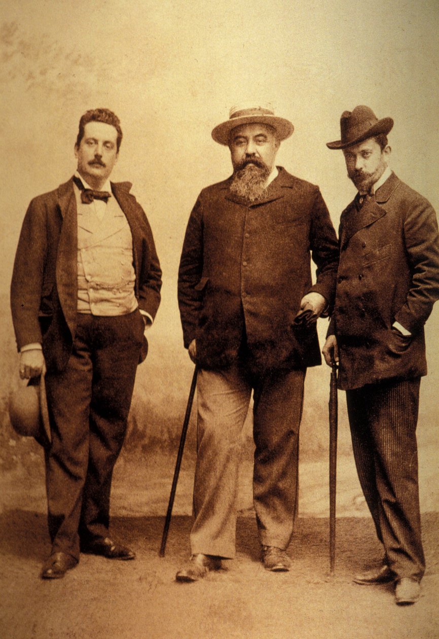 Giacomo Puccini (1858-1924) med sine librettister, Giuseppe Giacosa og Luigi Ilica. af Unknown