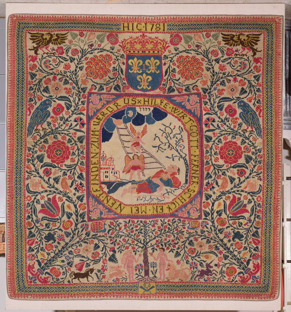 Håndstrikket tæppe forestillende Jacobs drøm, Alsace, 1781 (uld) af Unknown