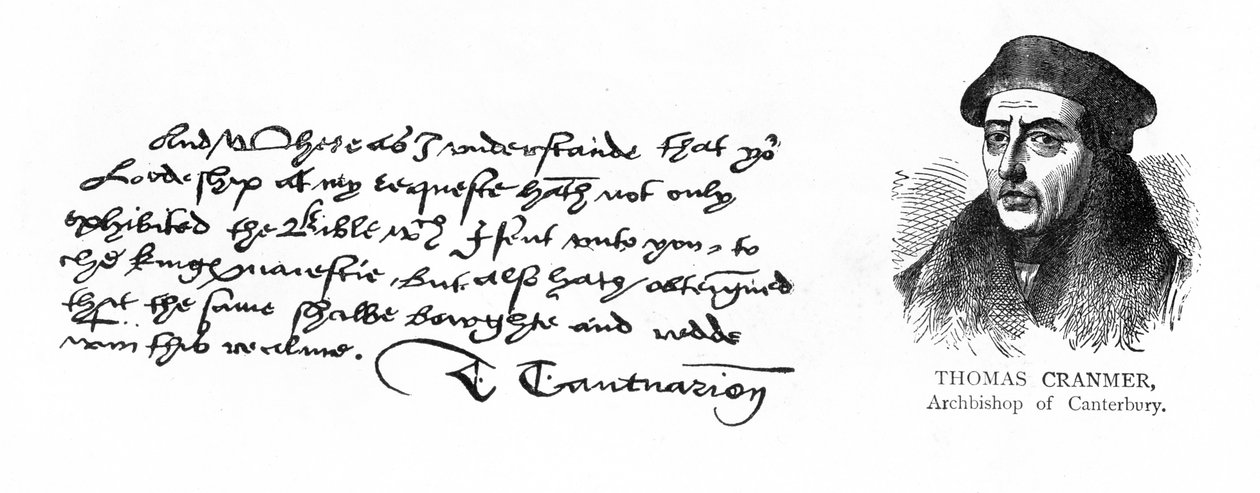 Håndskrift og underskrift af ærkebiskop Cranmer fra et brev til Thomas Cromwell, der takkede ham for at opnå Henry VIIIs accept af den engelske oversættelse af Bibelen, 13. august 1537 (pen & blæk af Unknown