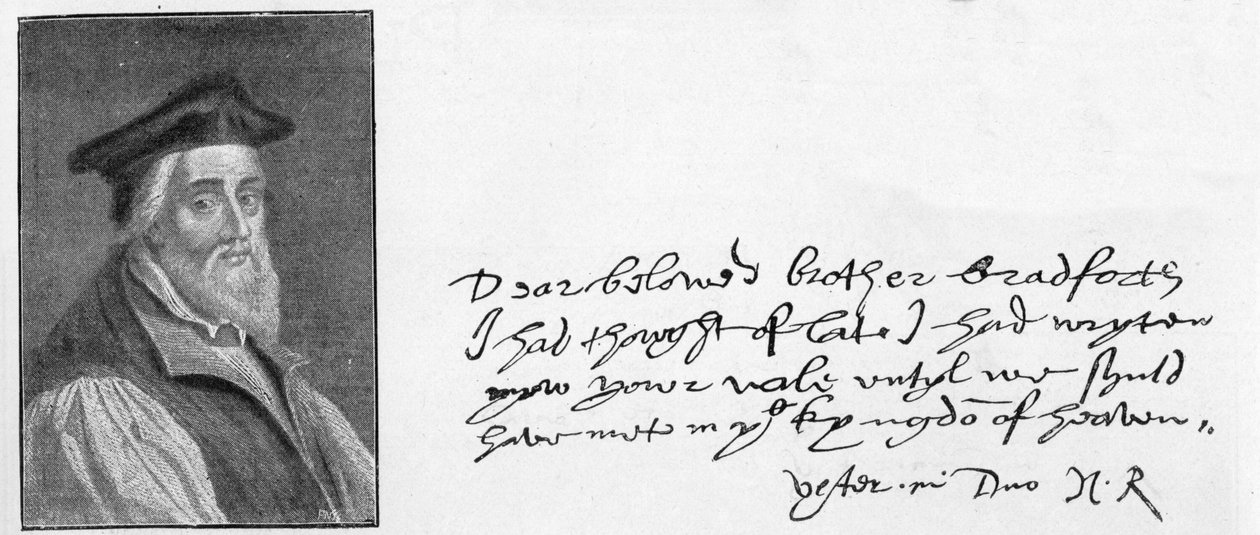 Biskop Ridleys håndskrift og underskrift fra et brev skrevet for at trøste John Bradford kort før hans død, 1555 af Unknown