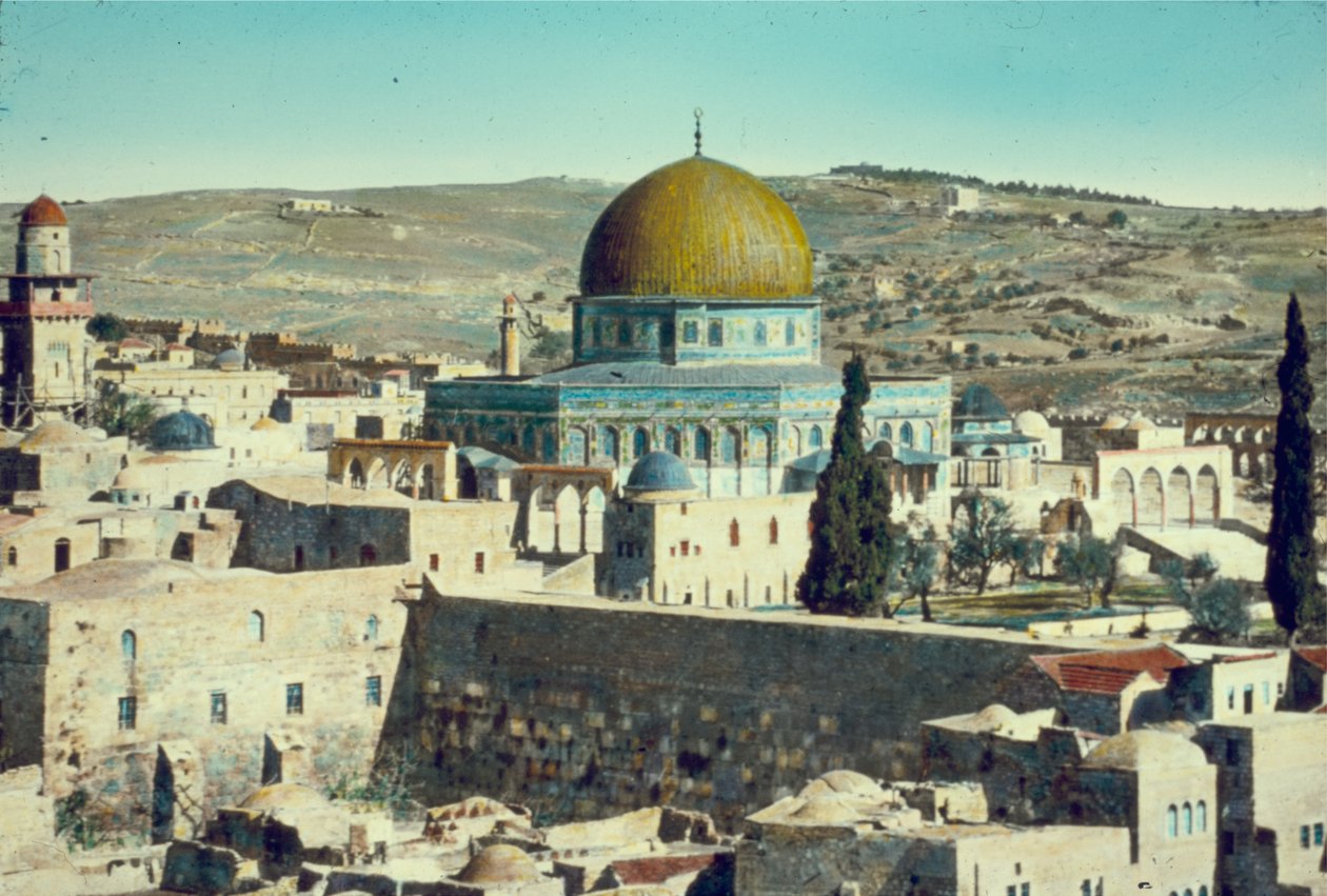 Jerusalem: Klippekuplen og den vestlige mur, ca. 1950 (farvefoto) af Unbekannt Unbekannt