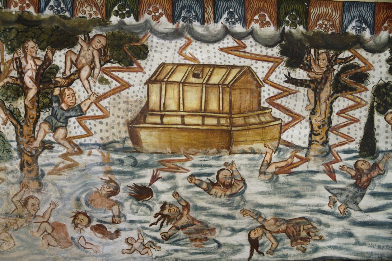 Noahs ark og syndfloden Illustreret af barokke-Mestizo fresker dateret til det 17. århundrede i dåbskapellet i Santiago De Curahuara De Carangas kirke, Andes Sixtinske Kapel, Curahuara De af Unknown