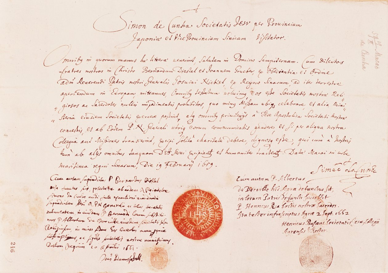 Pas udstedt til Johann Grueber og Bernhard Diestel for at finde landvejen fra Europa til Peking, 1616 af Unknown