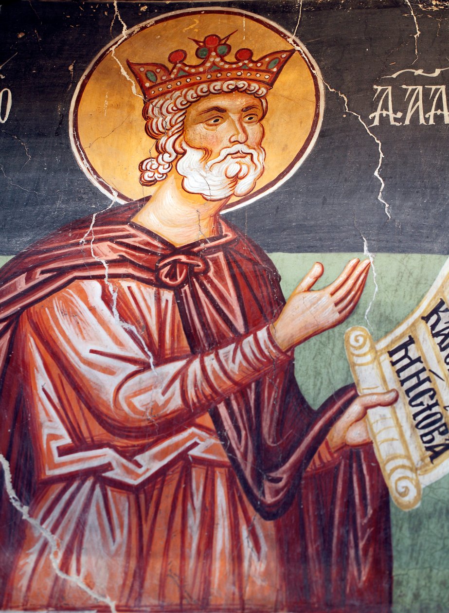 Den byzantinske fresco fra det 15. århundrede (detalje) Første konge og profet David Wall-maleri Michael Ærkeengelkirken i Pedoulas Cypern Malede kirker UNESCO-sted Troodos, Cypern af Unknown
