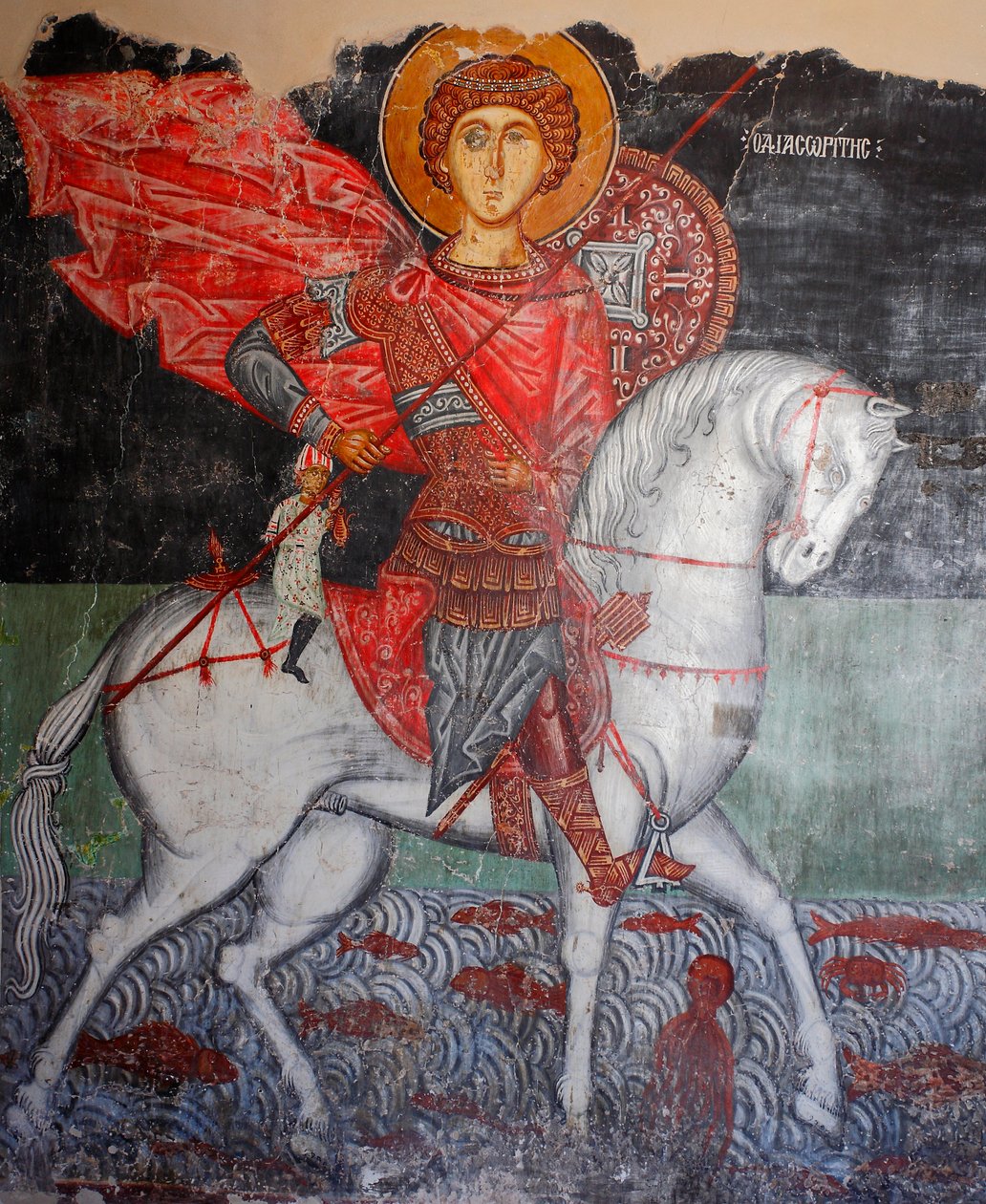Den byzantinske fresco fra det 15. århundrede (detalje) Saint George Wall-maleri Michael Archangel Church i Pedoulas Cypern Malede kirker UNESCO-sted Troodos, Cypern af Unknown