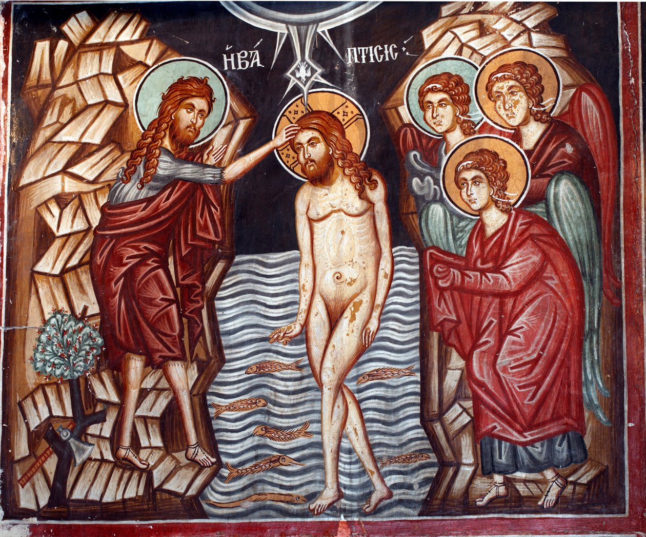 Den byzantinske fresco fra det 15. århundrede Kristus Baptim Vægmaleri Michael Archangel Church i Pedoulas Cypern Malede kirker UNESCO-sted Troodos, Cypern af Unknown