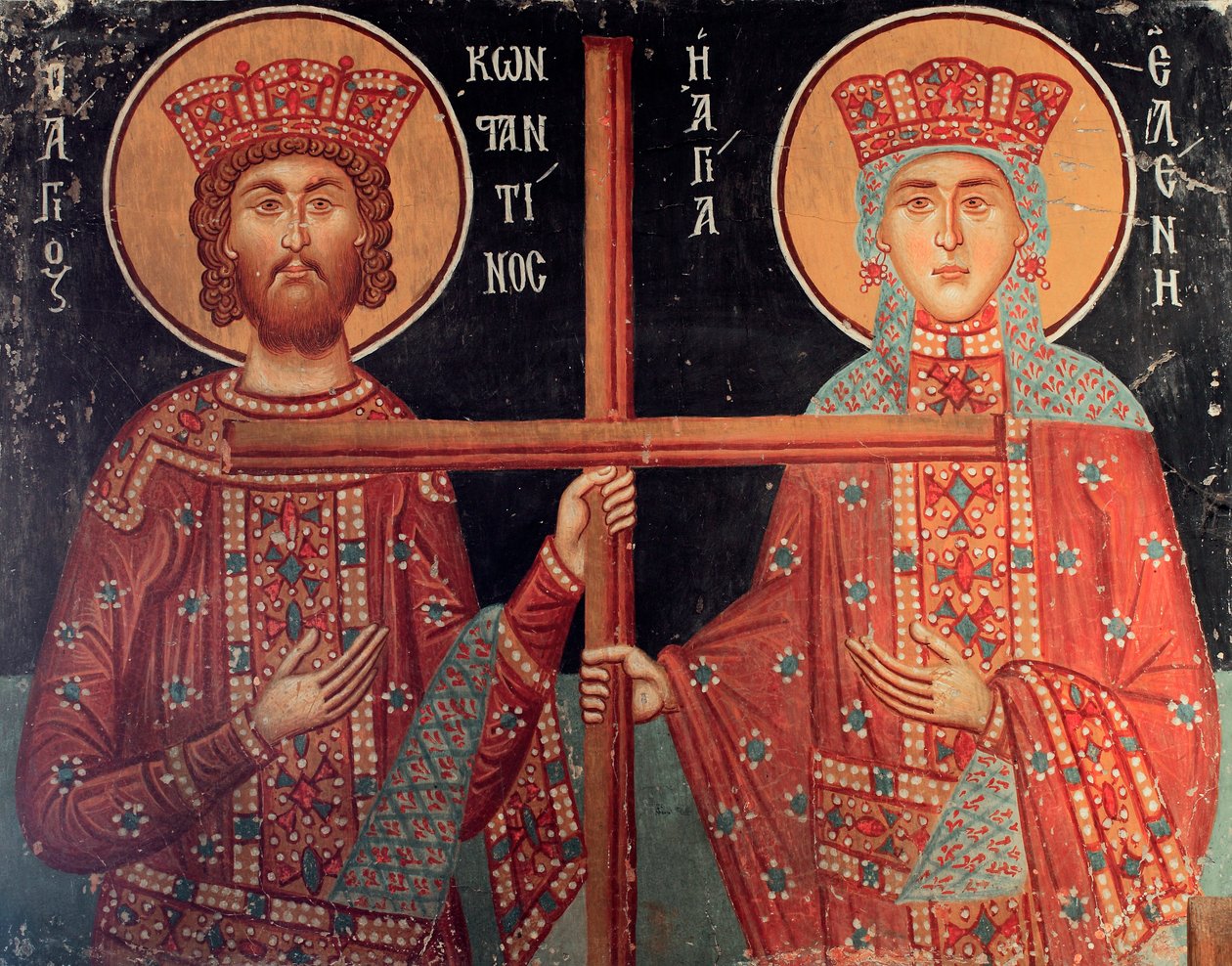 Den byzantinske fresko fra det 15. århundrede Kejser Konstantin og hans mor Helene Vægmaleri Michael Ærkeengel Kirke i Pedoulas Cypern Malede kirker UNESCO-sted Troodos, Cypern af Unknown