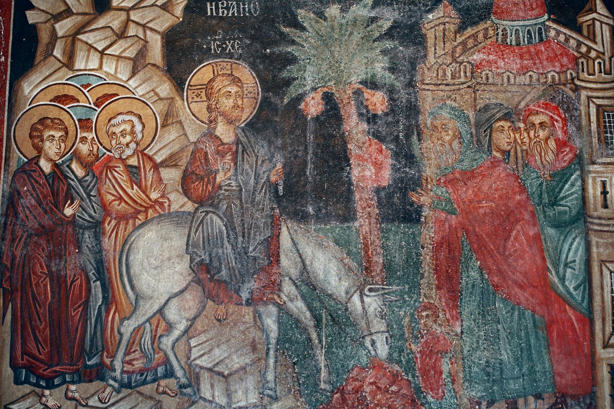 Den byzantinske fresko fra det 15. århundrede Indgangen til Jerusalems murmaleri Michael Ærkeengelkirken i Pedoulas Cypern Malede kirker UNESCO-sted Troodos, Cypern af Unknown