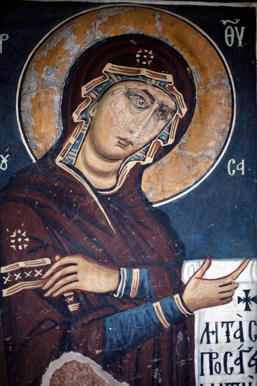 Den barmhjertige jomfru byzantinske vægmaleri fra kirken Asinou Sidste domsscene 1100-tallet, restaureret i det 14. århundrede UNESCOs verdenskulturarv Troodos-regionen, Cypern af Unknown