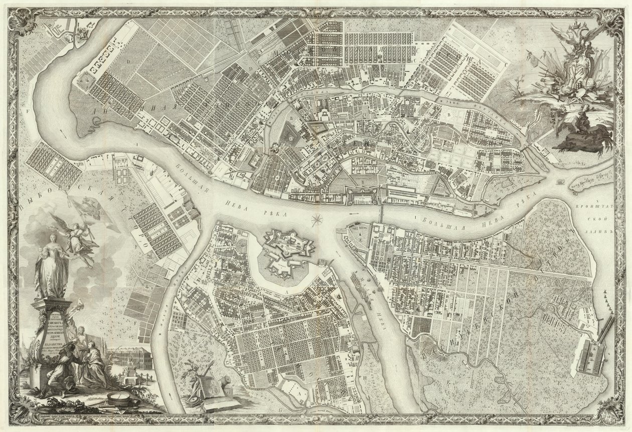 Gravering. Plan for hovedstaden Skt. Petersborg, der skildrer de mest fornemme veje. 1753 Makhaev M.I. af Махаев Михаил Иванович