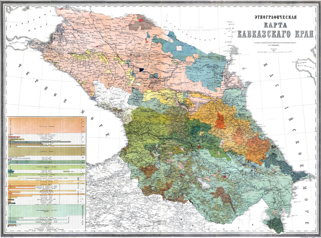Etnografisk kort over Kaukasus -regionen, 1880 (målestok: 1: 1080000) af Николай Карлович Зейдлиц