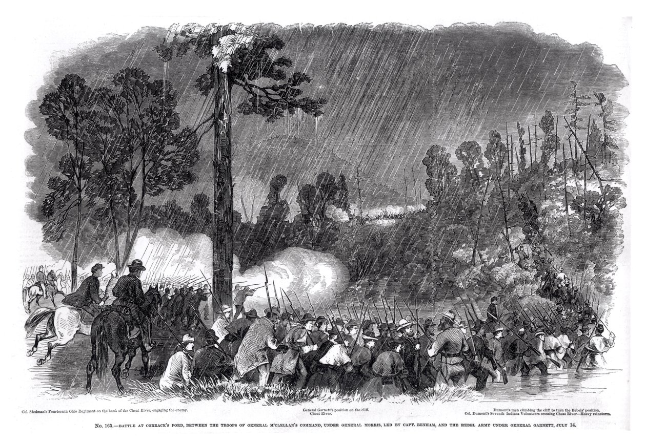 Kamp ved Corracks Ford, mellem tropperne af general McClellans kommando, under general Morris, ledet af kaptajn Benham, og oprørshæren under general Garnett, 14. juli 1861, fra 