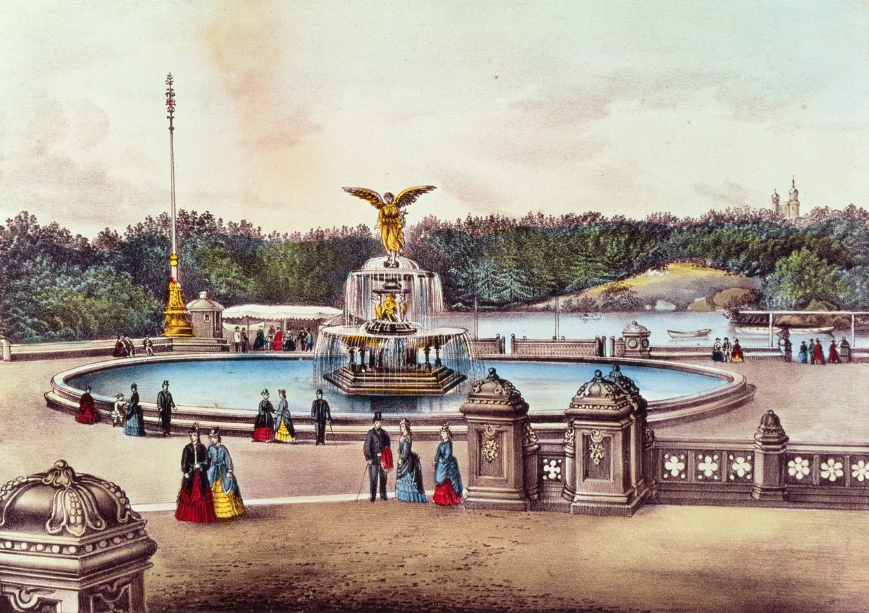 Bethesda Fountain, Central Park, New York, udgivet af Nathaniel Currier (1813-88) og James Merritt Ives (1813-88) (farve litho) af American School
