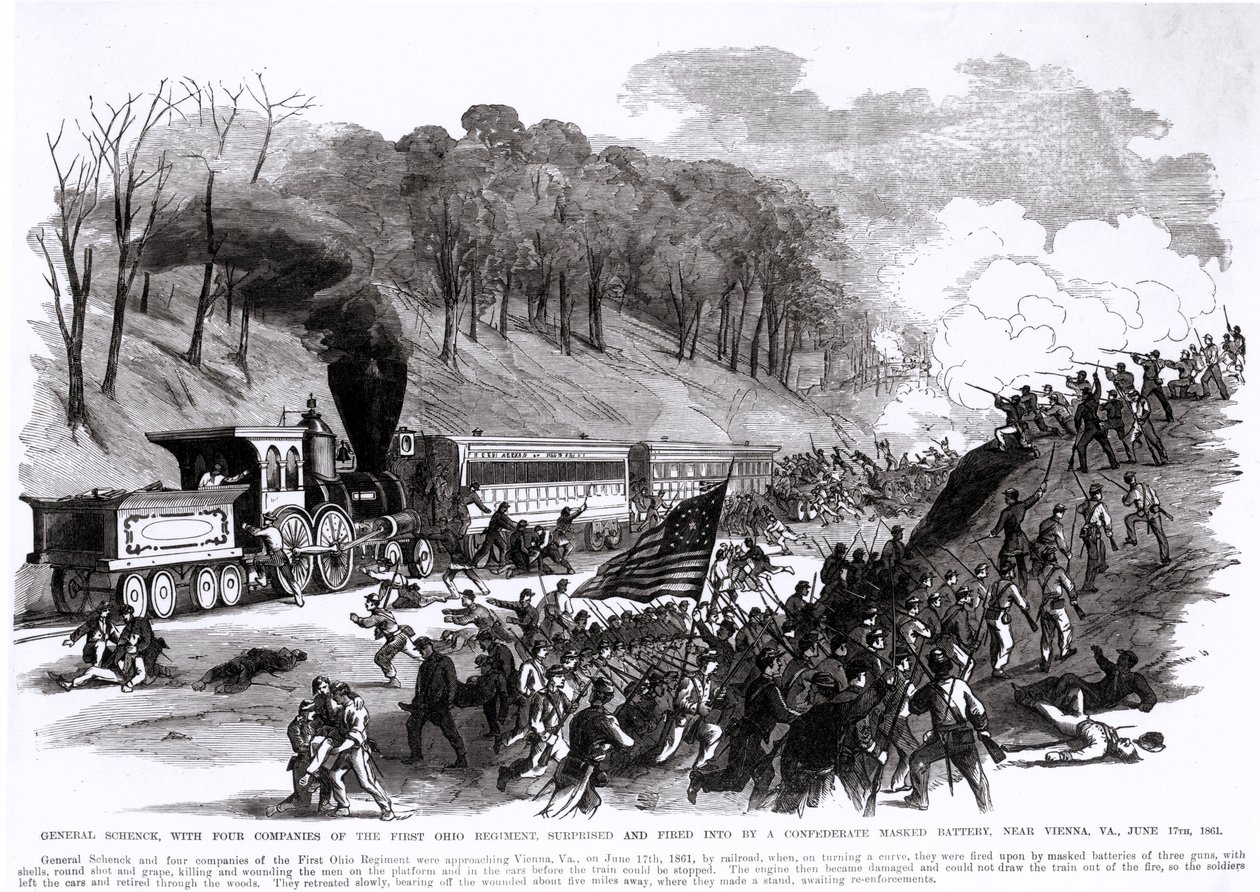 General Schenck med fire kompagnier fra det første Ohio-regiment, overrasket og beskudt af et konfødereret maskeret batteri nær Vienna, VA., 17. juni 1861, fra "Frank Leslie