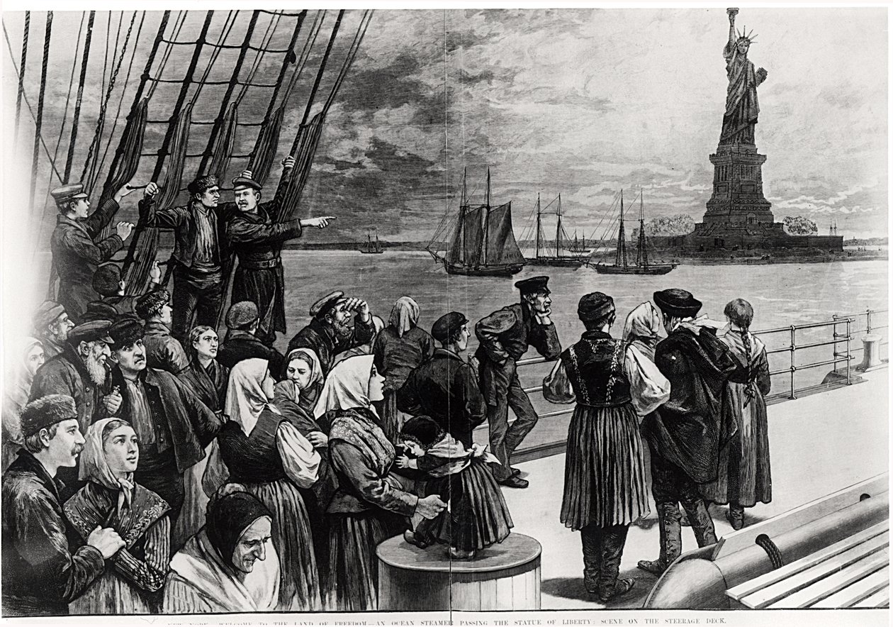 New York - Velkommen til frihedens land - Et oceandampskib passerer Frihedsgudinden - scene på mellemdækket, illustration fra "Frank Leslie