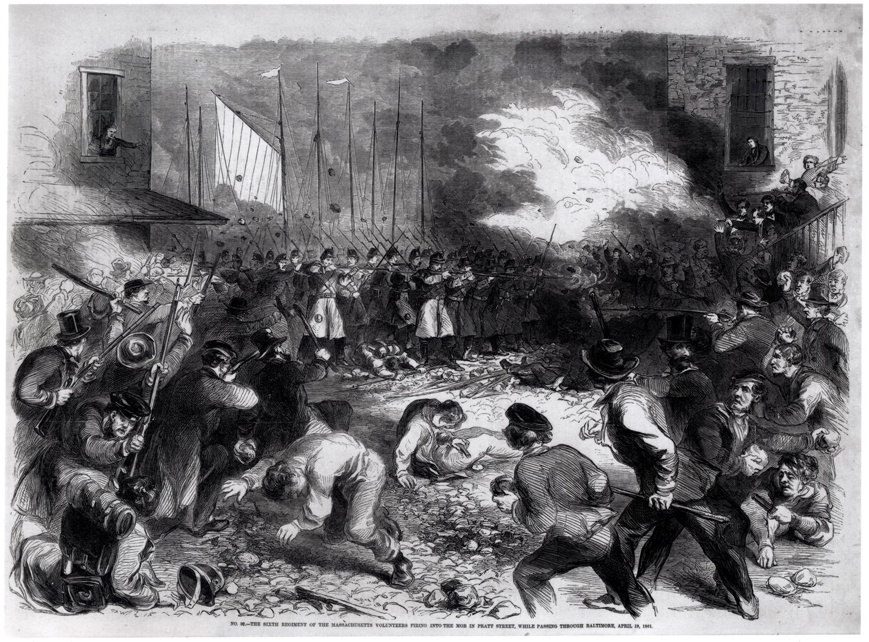 Det sjette regiment af Massachusetts-frivillige skyder ind i mobben på Pratt Street, mens de passerer gennem Baltimore på vej mod Washington, den 19. april 1861, fra 