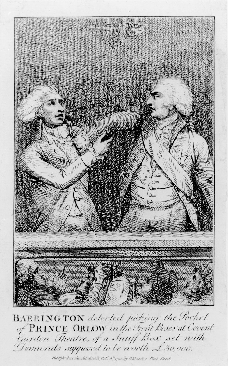Barrington opdagede, at han valgte Prince Orlows lomme i de forreste kasser på Covent Garden Theatre, af et snusdåsesæt med diamanter, der formodes at være 30.000 pund værd, pub. i 1790 (bundw s af English School