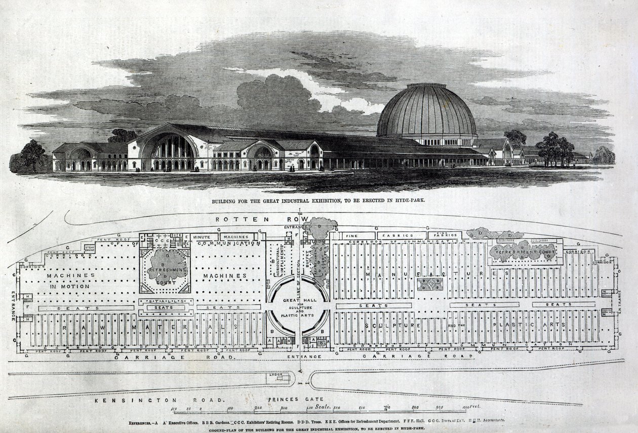 Bygning til den store industriudstilling, 1850 (gravering) (bw foto) af English School