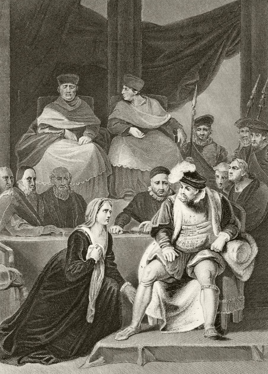 Katarina af Aragon knæler foran sin mand, kong Henry VIII under retssagen mod deres ægteskab, fra 