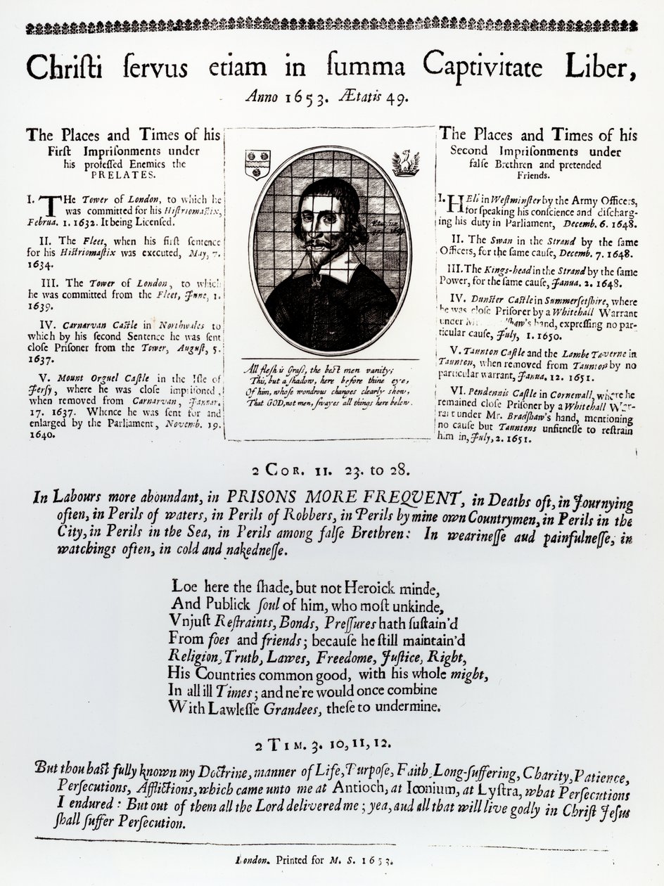 Christi Servus Etiam i Summa Captivitate Liber: en side fra et broadsheet indeholdende en liste over steder og tidspunkter for John Lilburnes (ca. 1614-57) fængsling, udgivet 1653 af English School