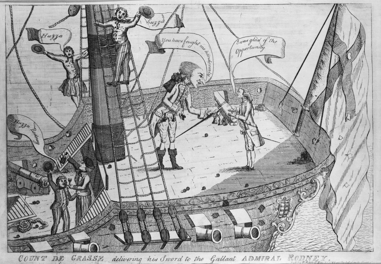 Grev de Grass leverer sit sværd til den galante admiral Rodney, tryk lavet af Thomas Colley, 1782 (radering) af English School