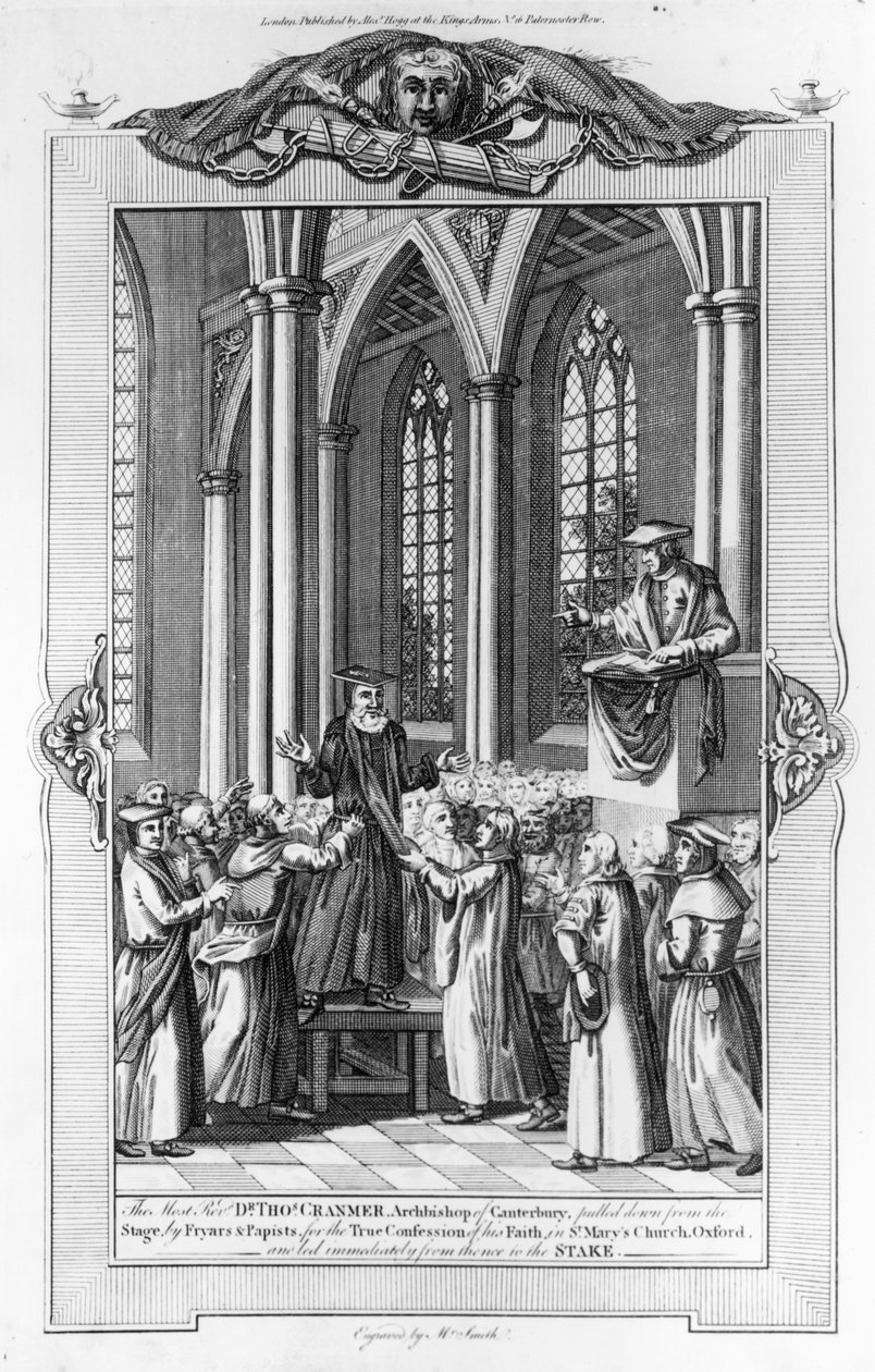 Dr. Thomas Cranmer (1489-1556) ærkebiskop af Canterbury trukket ned fra scenen af brødre og paveister for den sande bekendelse af sin tro i St. Mary