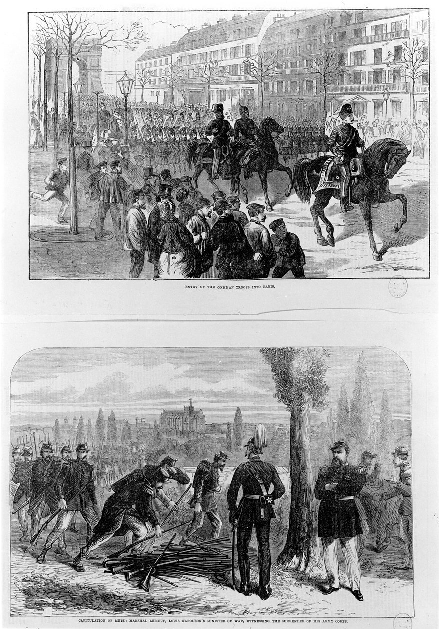 De tyske troppers indtog i Paris, 2. marts 1871; Kapitulation af Metz, 27. oktober 1870, marskal Leboeuf, Louis Napoleons krigsminister, vidne til overgivelsen af sit hærkorps (gravering af English School