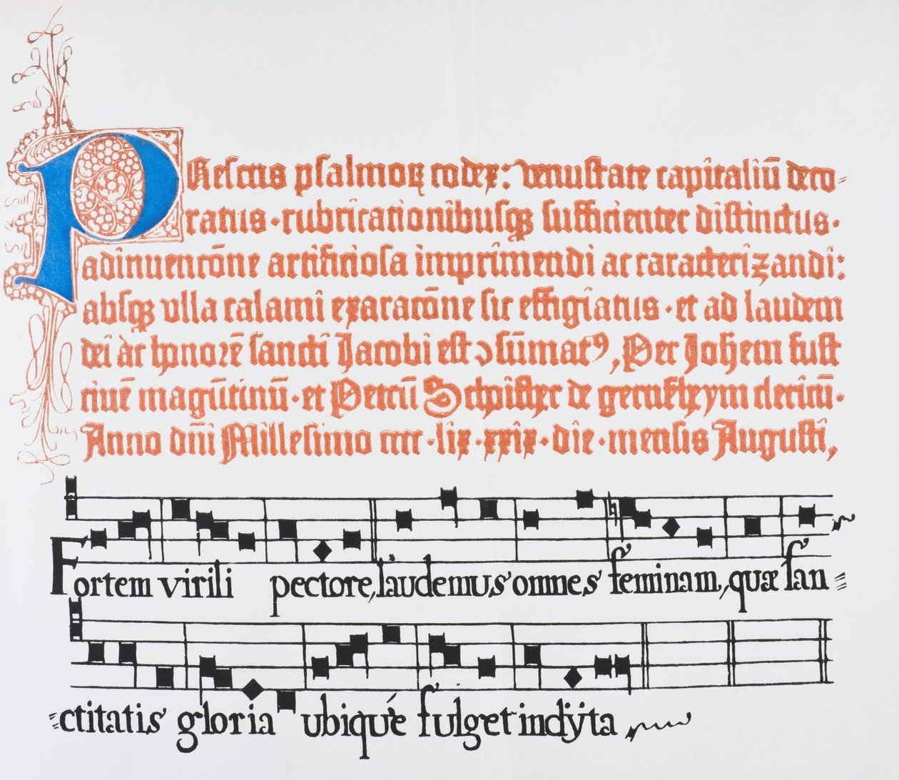 Faksimile af en side med illumineret stort "P" fra 1459-udgaven af Fust og Schoiffers latinske salmedigtning, fra "The National and Domestic History of England" af William Hickman Smith Aubrey (1858- af English School