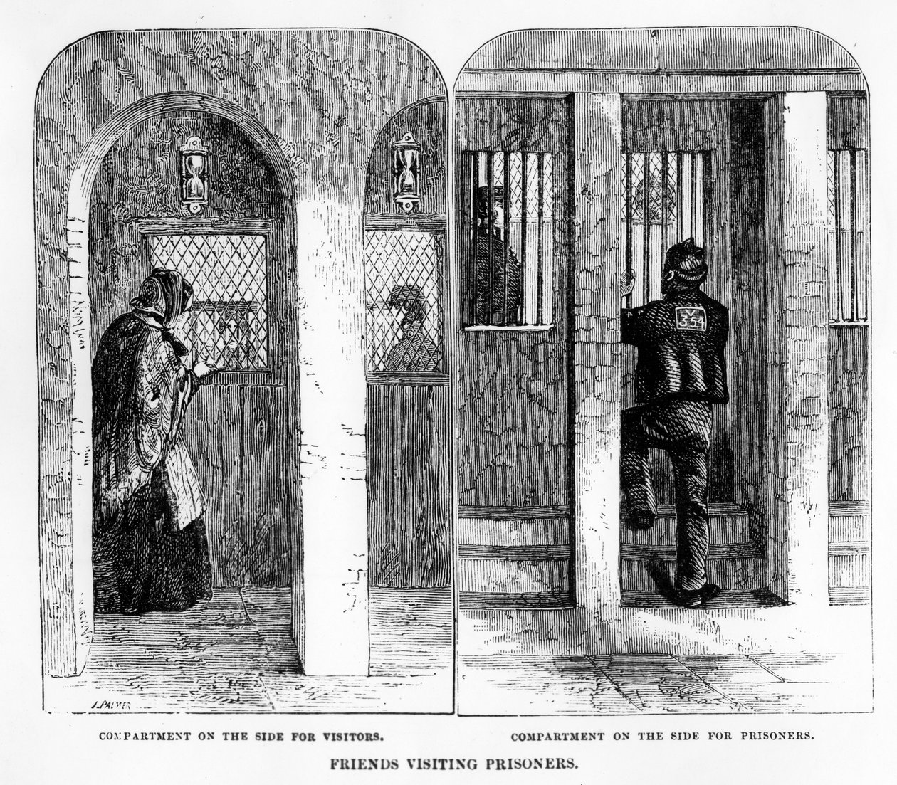 Venner på besøg hos fanger i House of Correction, Coldbath Fields, tryk lavet af J. Palmer, illustration fra 