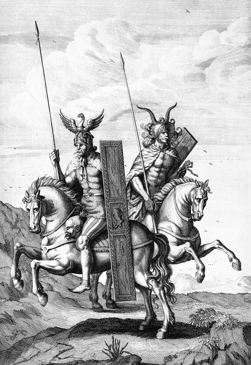 Tyske troopers med deres hjelme, skjolde og lanser, indgraveret af Cornelis Huyberts, illustration til 