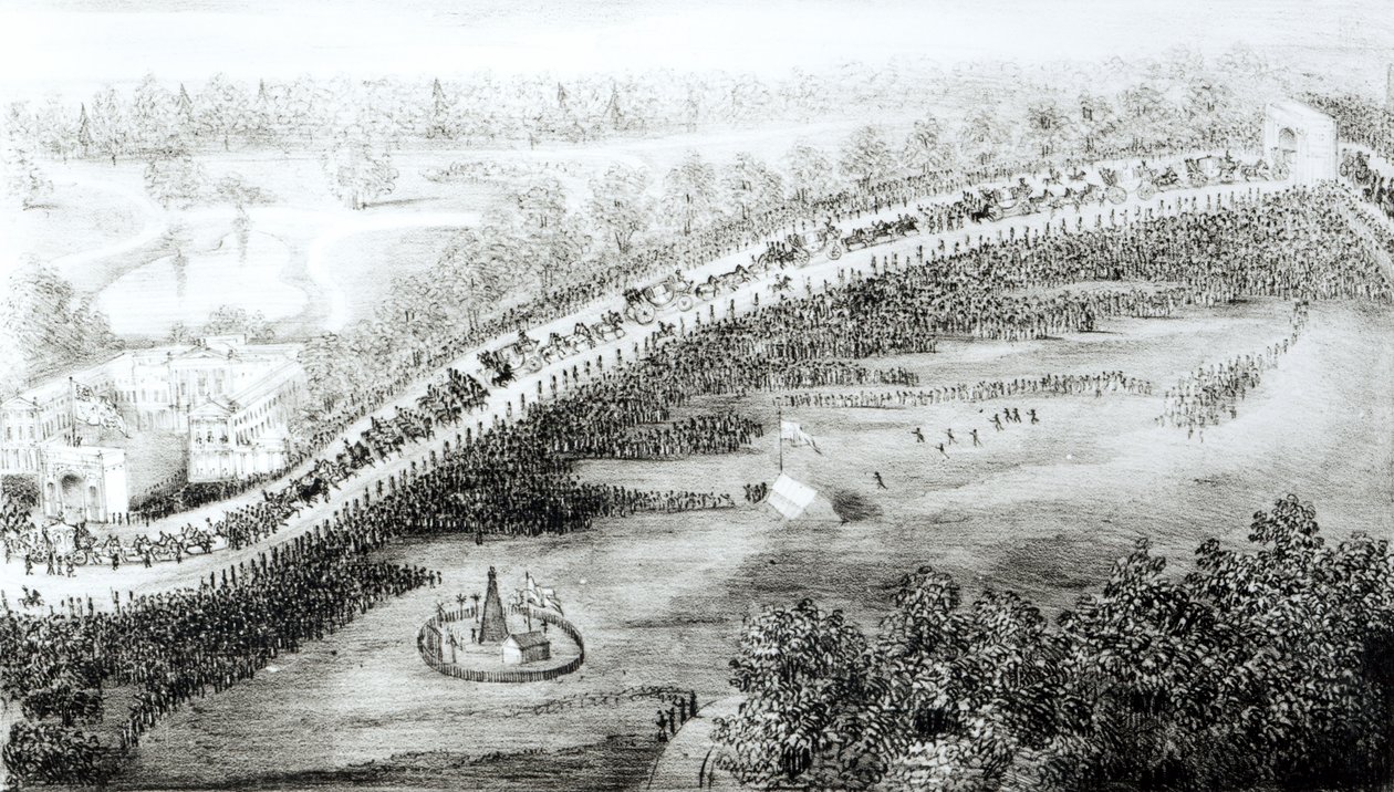 Hendes allernådigste majestæt og eskorte, der forlader paladset, fra en række fugleperspektiv taget på dagen for dronning Victorias kroning, indgraveret af W Clerk, udgivet af GS Tregear, 28. juni 1838 af English School