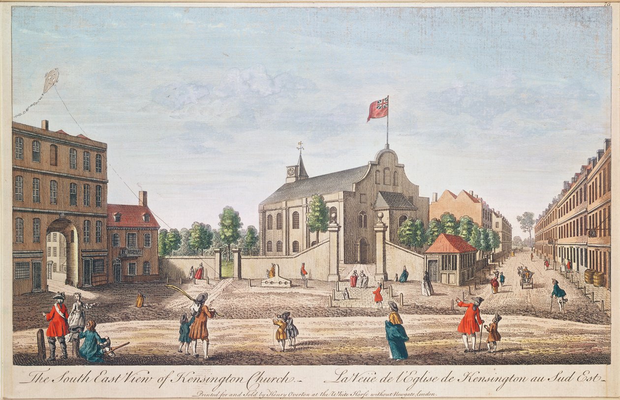Kensington Church, London, S.E. Udsigt (farvet gravering) af English School